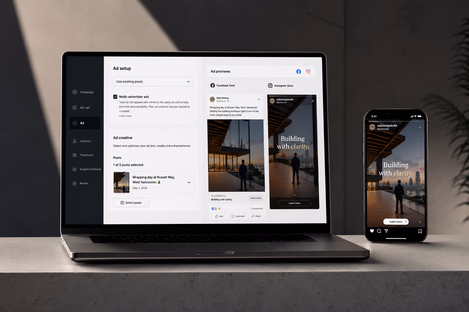 Meta brand-awareness ad creative for Vela Homes shown in the Facebook feed, produced by Perseus Creative Studio.