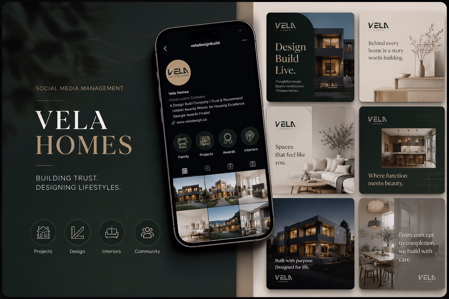 Instagram profile grid for Vela Homes managed by Perseus Creative Studio, showcasing custom home builds.
