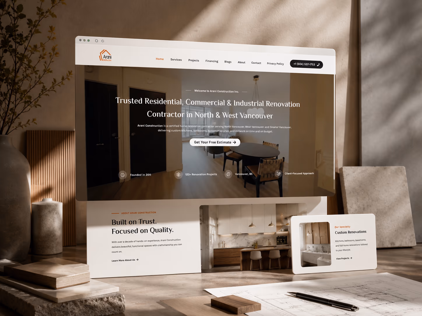 Arani Construction’s project-led website homepage, redesigned and built by Perseus Creative Studio.