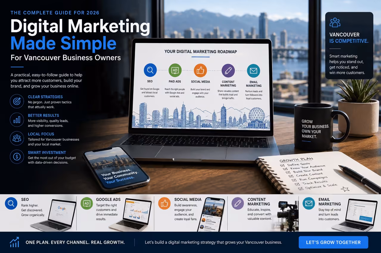 Digital marketing guide visual for Vancouver business owners, showing SEO, ads, and social media across desktop and mobile.