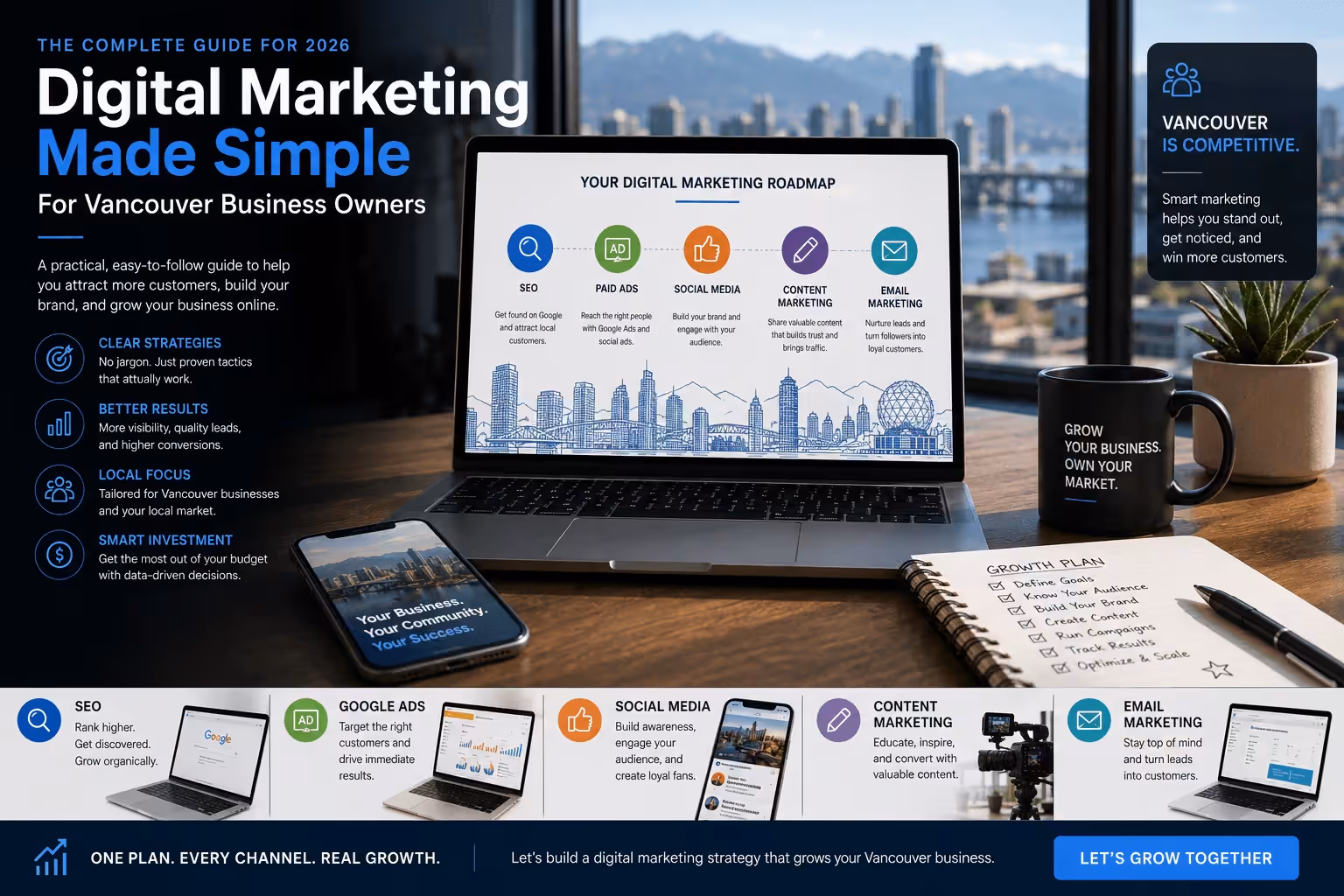 Digital marketing guide visual for Vancouver business owners, showing SEO, ads, and social media across desktop and mobile.