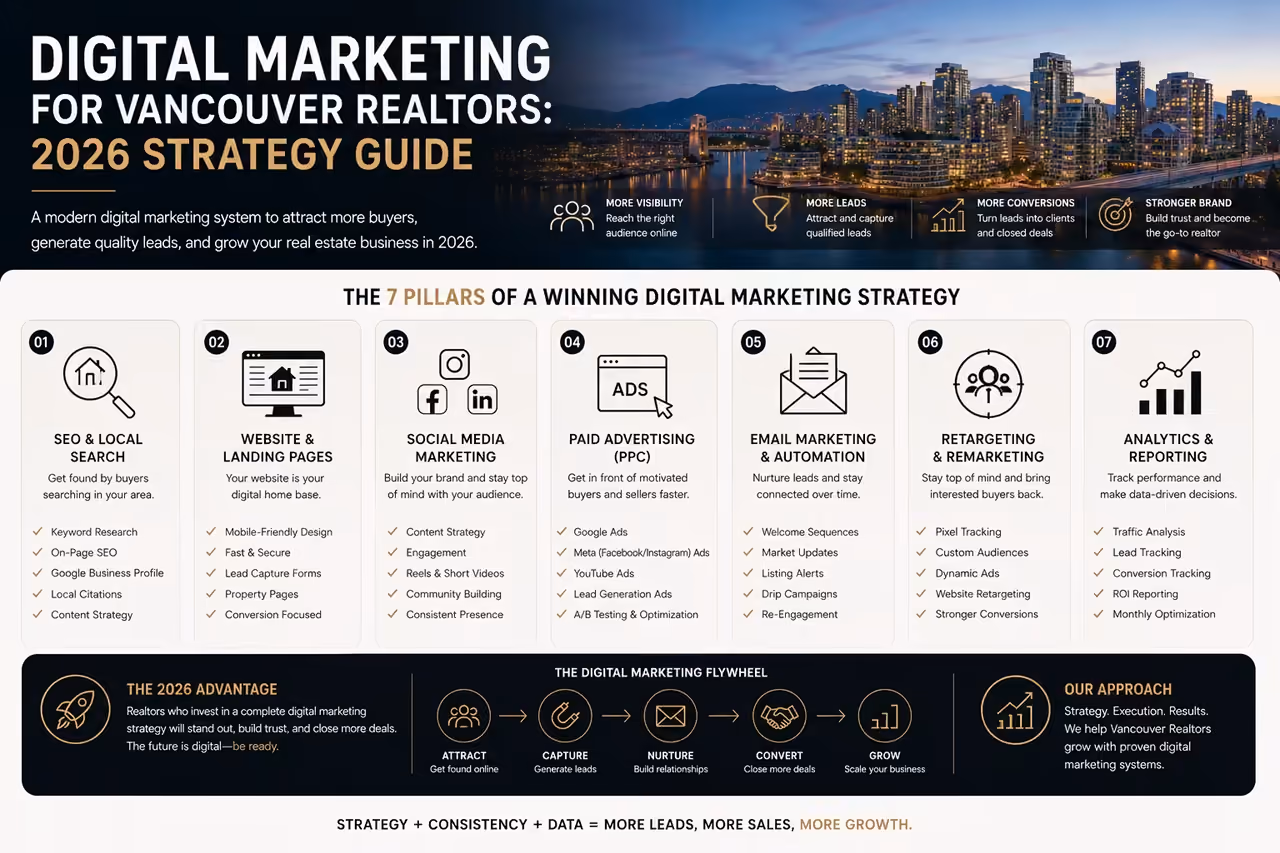 Vancouver realtor reviewing a digital marketing dashboard spanning web, social, and ads
