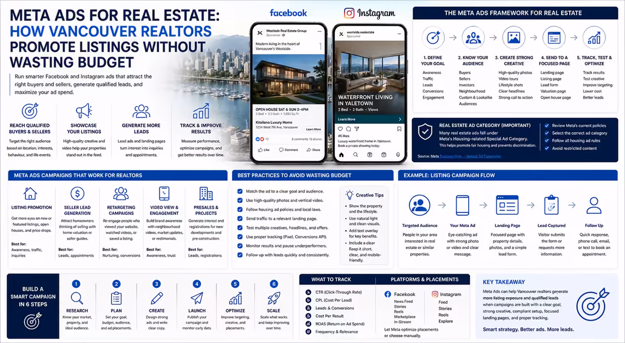 Meta Ads strategy infographic for Vancouver realtors, showing listing promotion, lead campaigns, and retargeting.