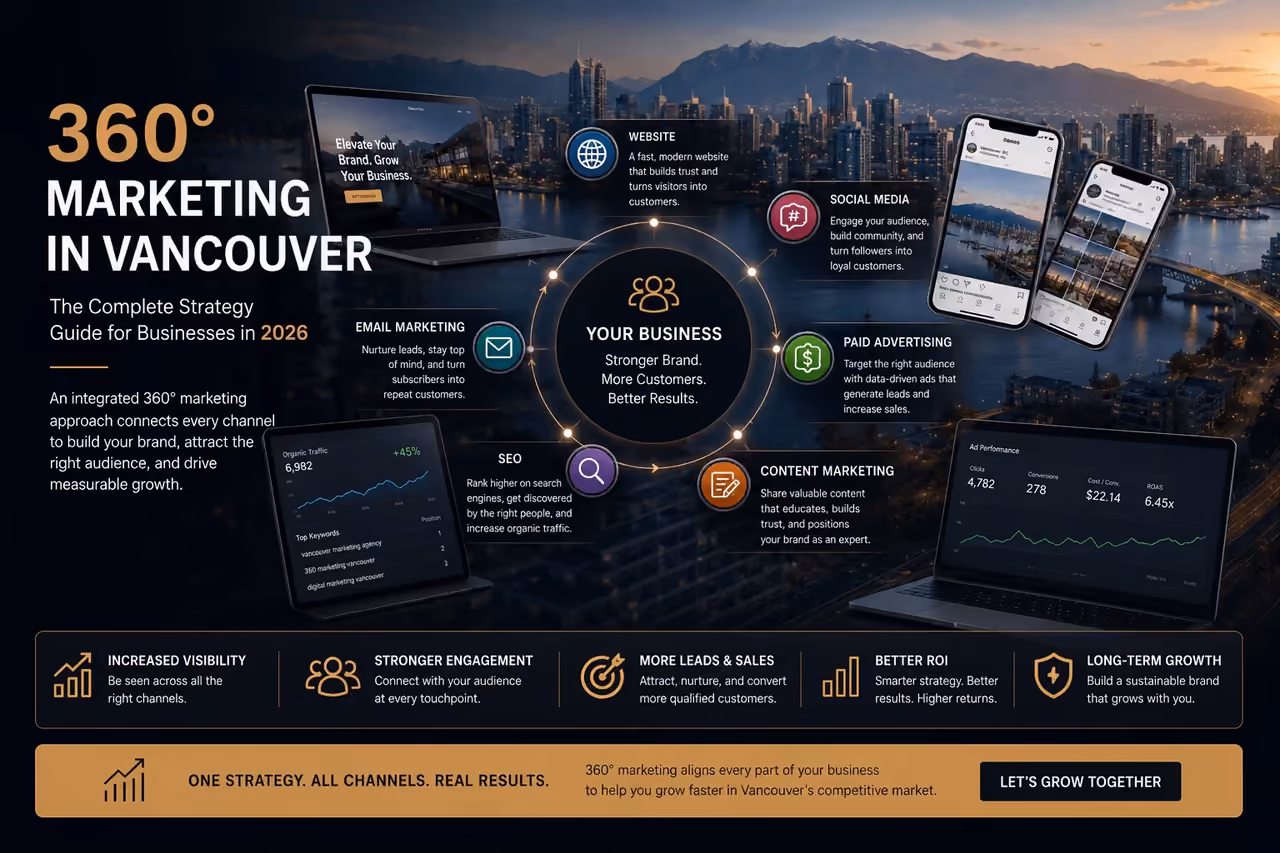 Diagram of a 360° marketing strategy for a Vancouver business, connecting website, SEO, social media, and paid ads.