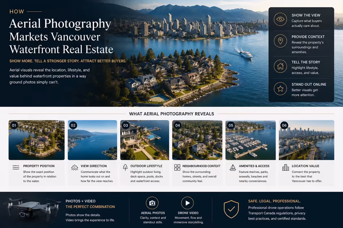 Aerial photography of a Vancouver waterfront real estate listing with ocean and city context