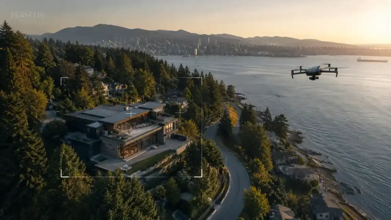 Drone hovering over a Vancouver property capturing aerial real estate photography