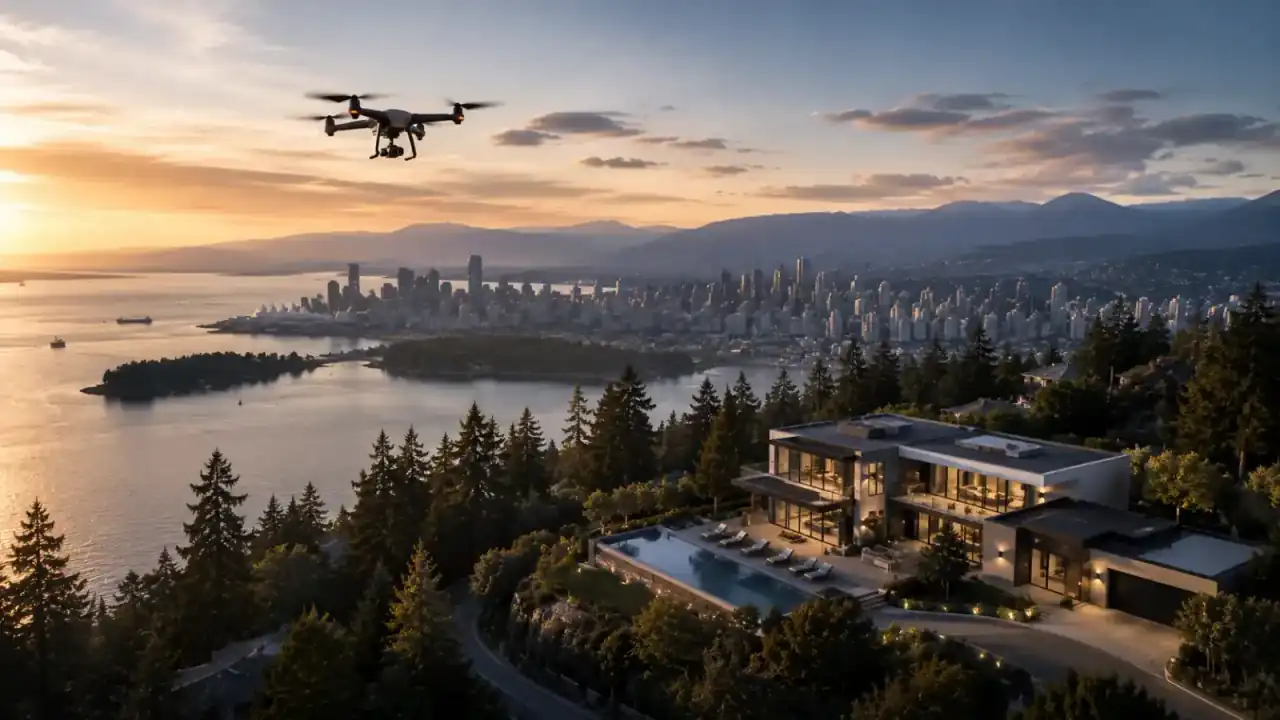 Drone capturing aerial video footage above a Vancouver real estate listing