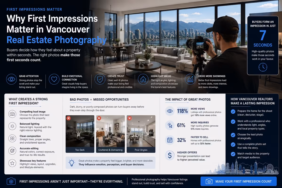 Infographic showing how lead photos, lighting, and composition shape buyer first impressions of a Vancouver listing.