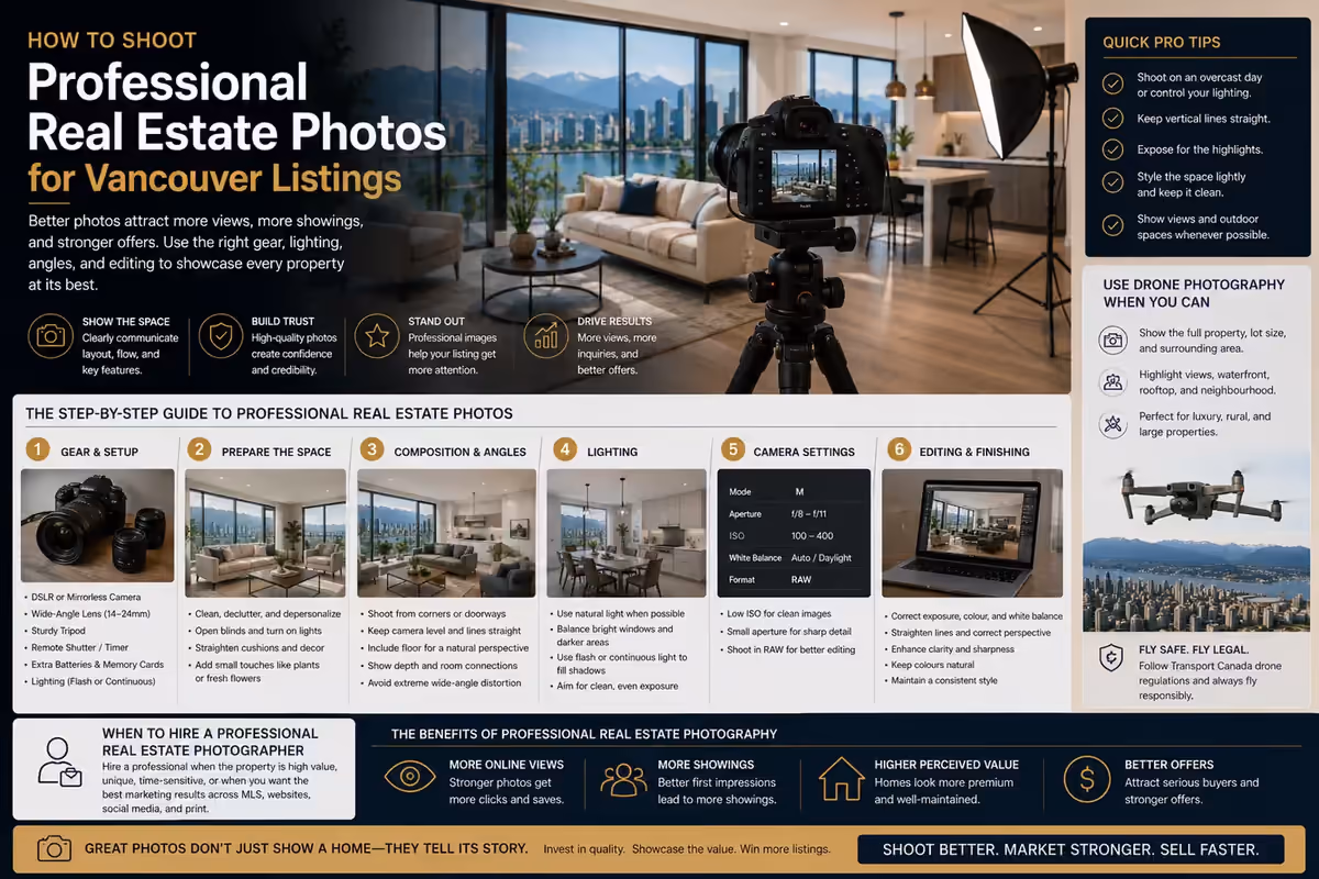 Professional real estate photography setup for a Vancouver listing, with a tripod-mounted camera and interior lighting.