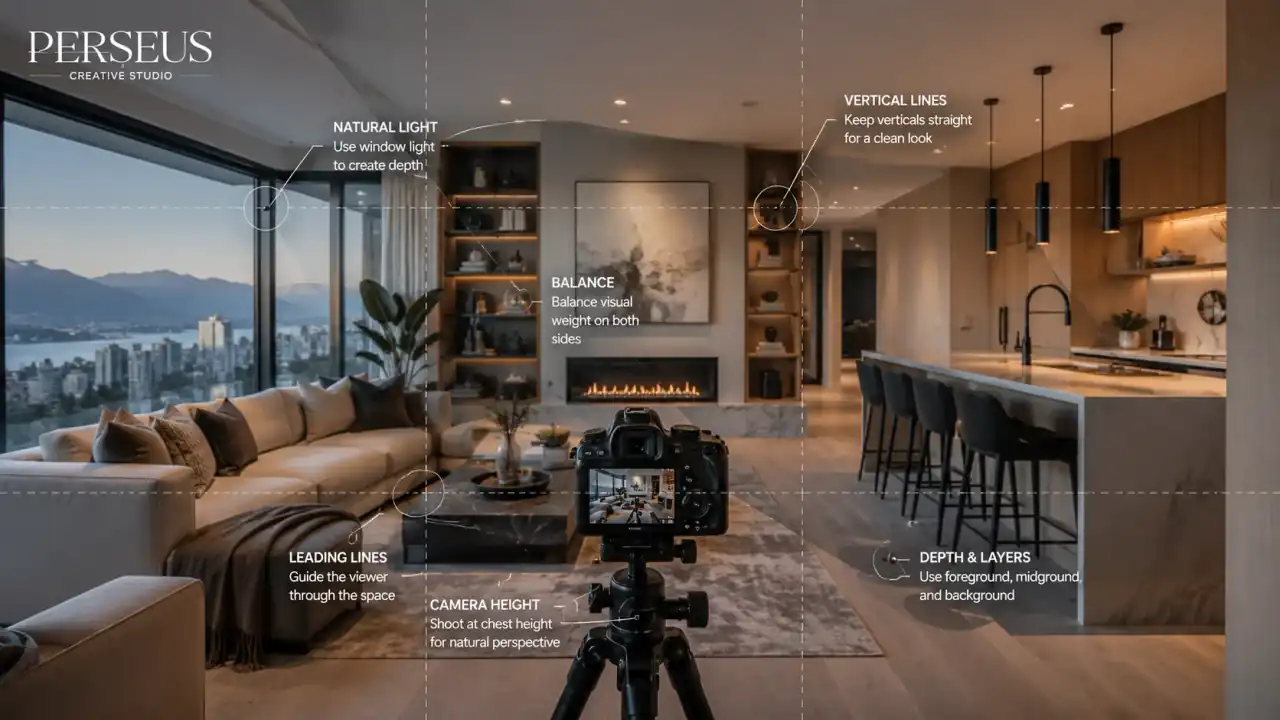 Real estate photographer composing a wide-angle interior shot of a Vancouver home