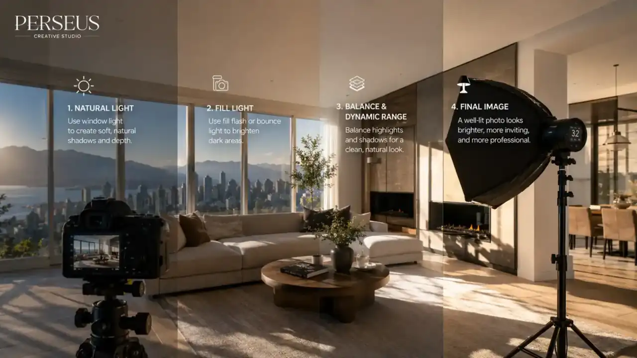 Bright natural light filling a Vancouver living room during a real estate photo shoot