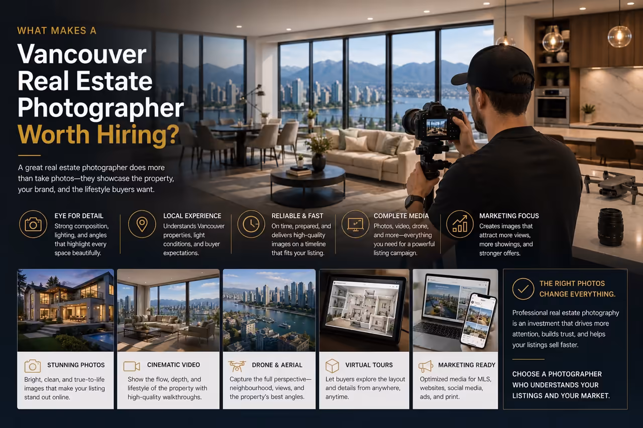 Professional Vancouver real estate photographer capturing a luxury property interior with city and mountain views.