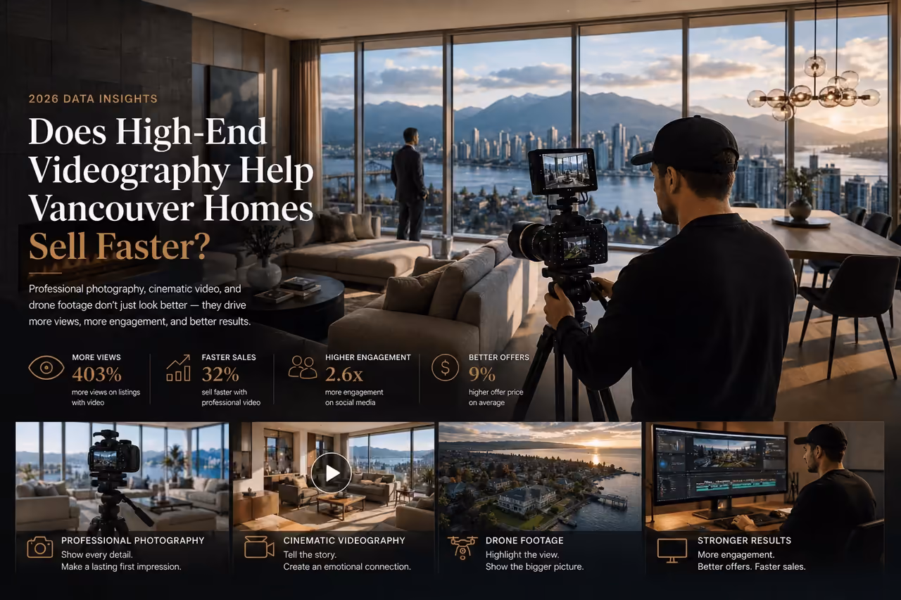 Cinematic real estate media shoot inside a luxury Vancouver home, with a videographer filming a property walkthrough.