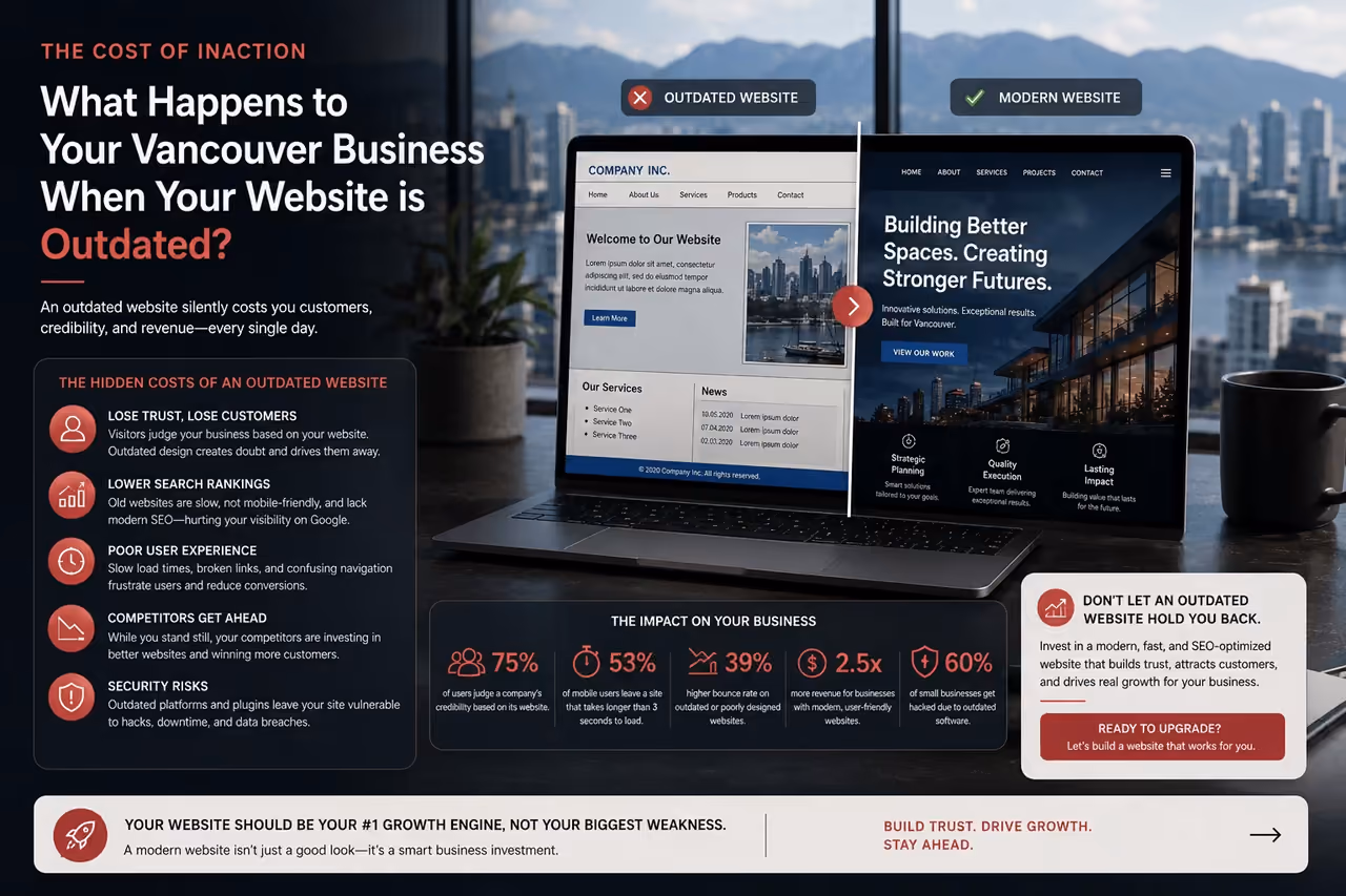 Modern before-and-after website redesign visual showing an outdated Vancouver business website compared with a faster, more professional, mobile-friendly website.