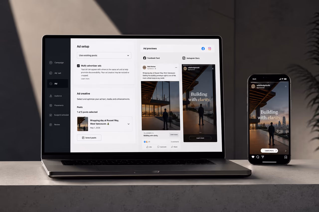 Meta brand-awareness ad creative for Vela Homes shown in the Facebook feed, produced by Perseus Creative Studio.