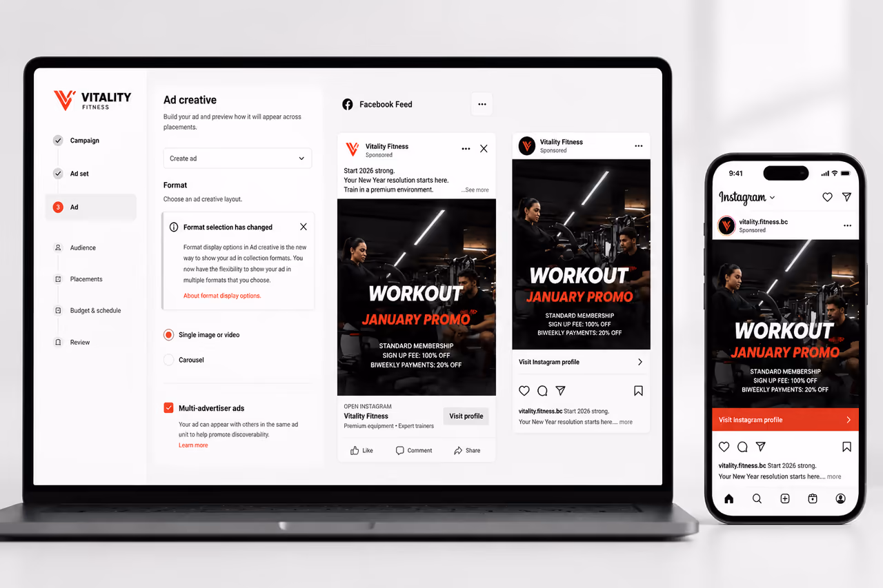 Meta ad creative for Vitality Fitness’s grand-opening promotion shown in the Facebook feed, produced by Perseus Creative Studio.
