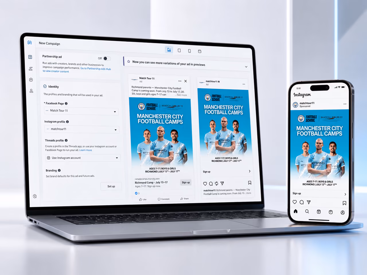 Meta ad campaign preview for Match Tour 11’s Manchester City camps shown in Ads Manager, designed by Perseus Creative Studio.