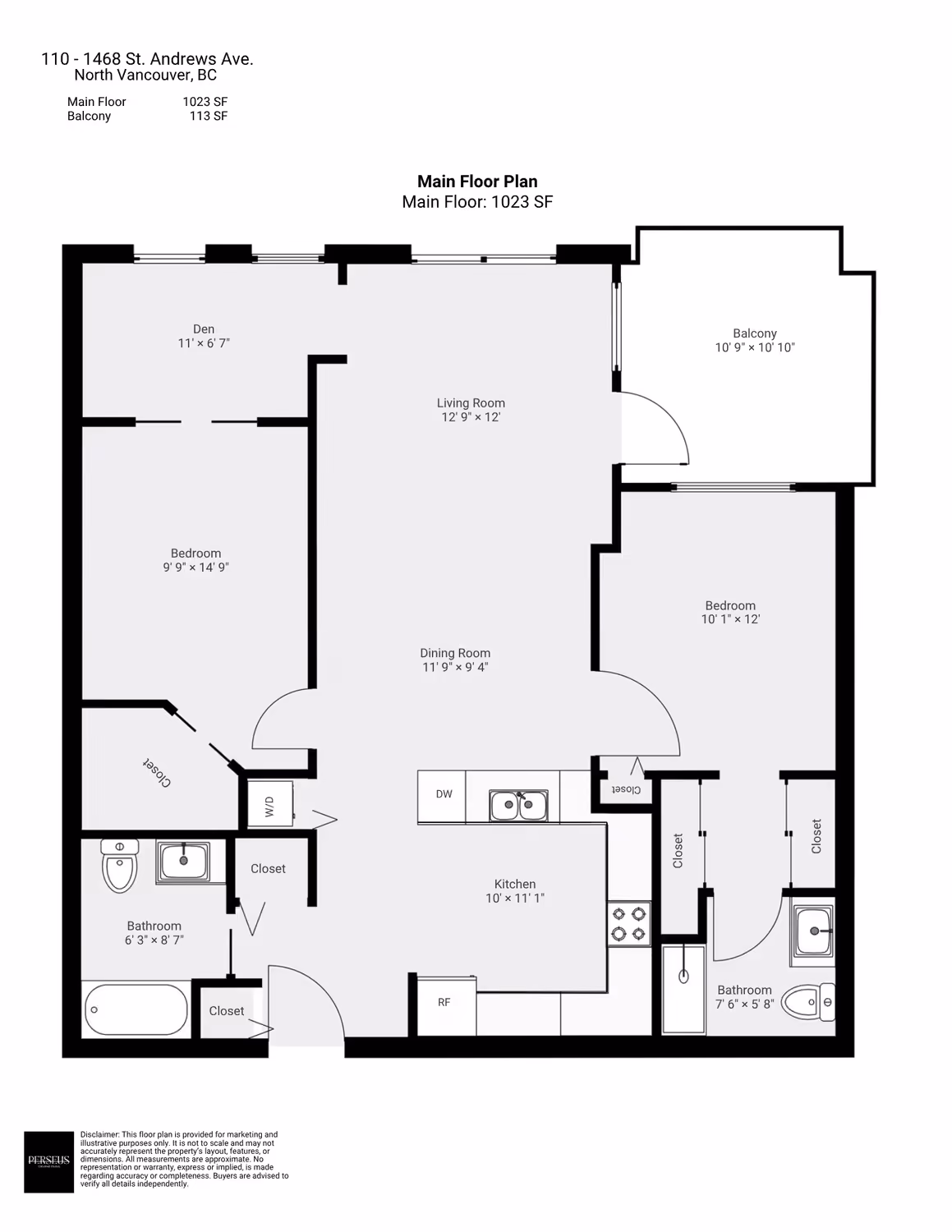 2D floor plan of unit 110-1468 St. Andrews Ave in North Vancouver, drafted by Perseus Creative Studio.