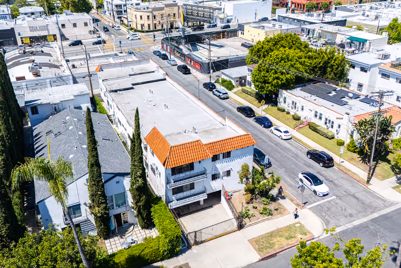 Aerial of the 1139 S Sherbourne multi-family building in Los Angeles, photographed for Michael Kamara Realtor by Perseus Creative Studio.