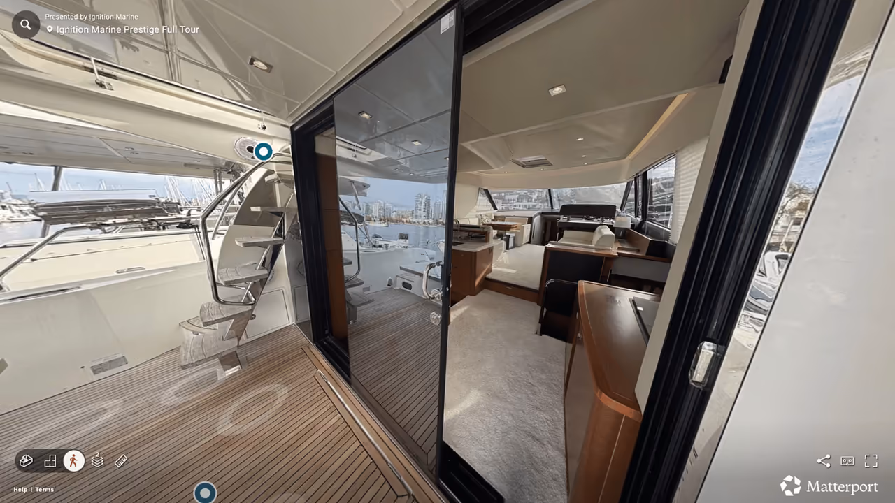 Matterport 3D walkthrough of Ignition Marine’s Prestige 550 Flybridge yacht cabin, produced by Perseus Creative Studio.