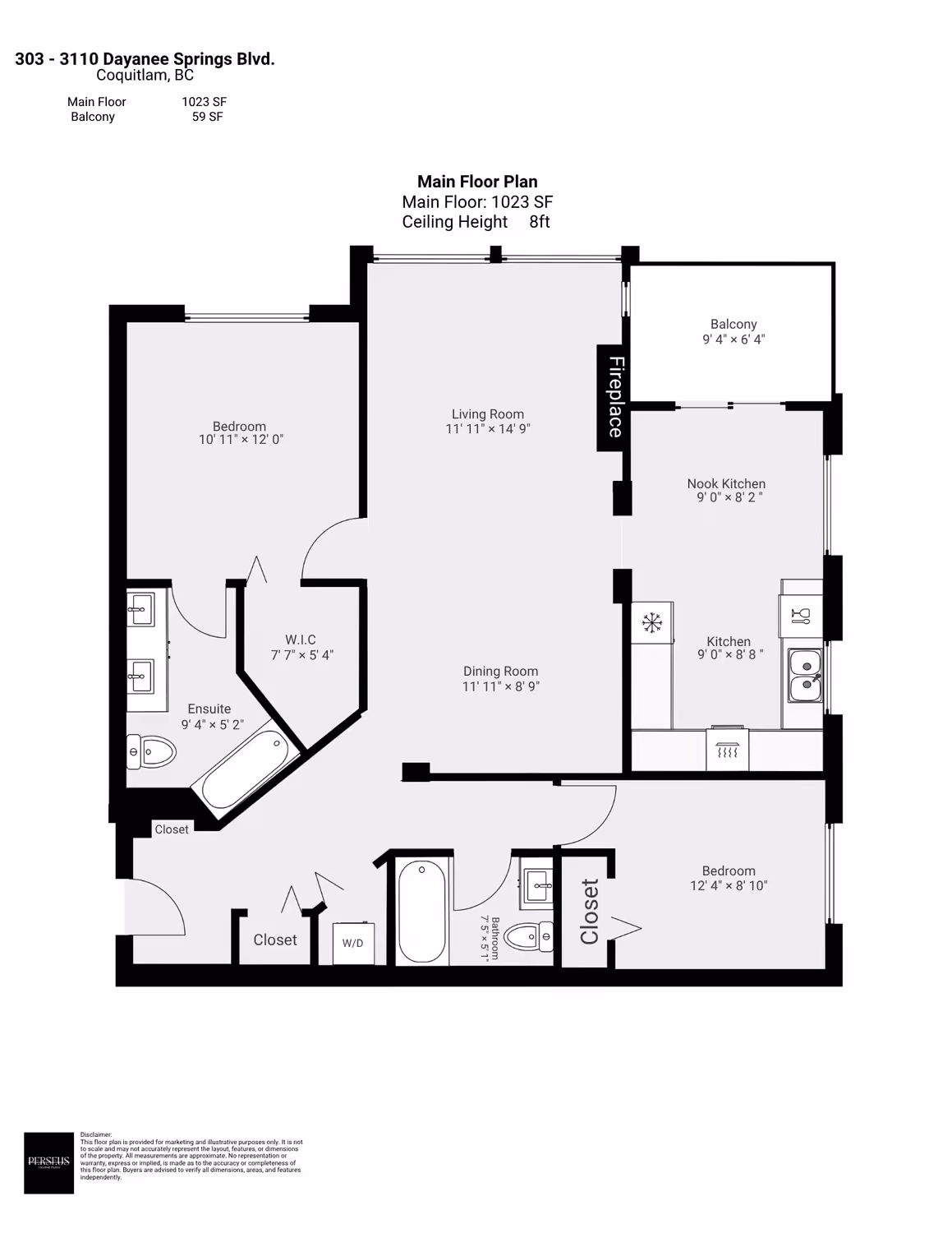 2D floor plan of unit 303-3110 Dayanee Springs Blvd in Coquitlam, drafted by Perseus Creative Studio.