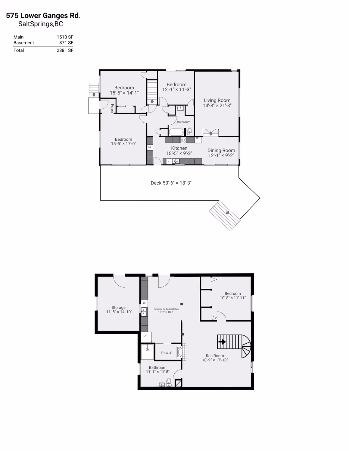 2D floor plan of the property at 575 Lower Ganges Rd on Salt Spring Island, drafted by Perseus Creative Studio.