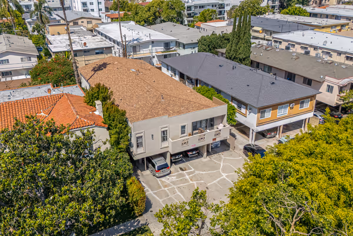 Aerial view of the 7050 Waring multi-family residential property in Los Angeles, captured for Michael Kamara Realtor by Perseus Creative Studio.
