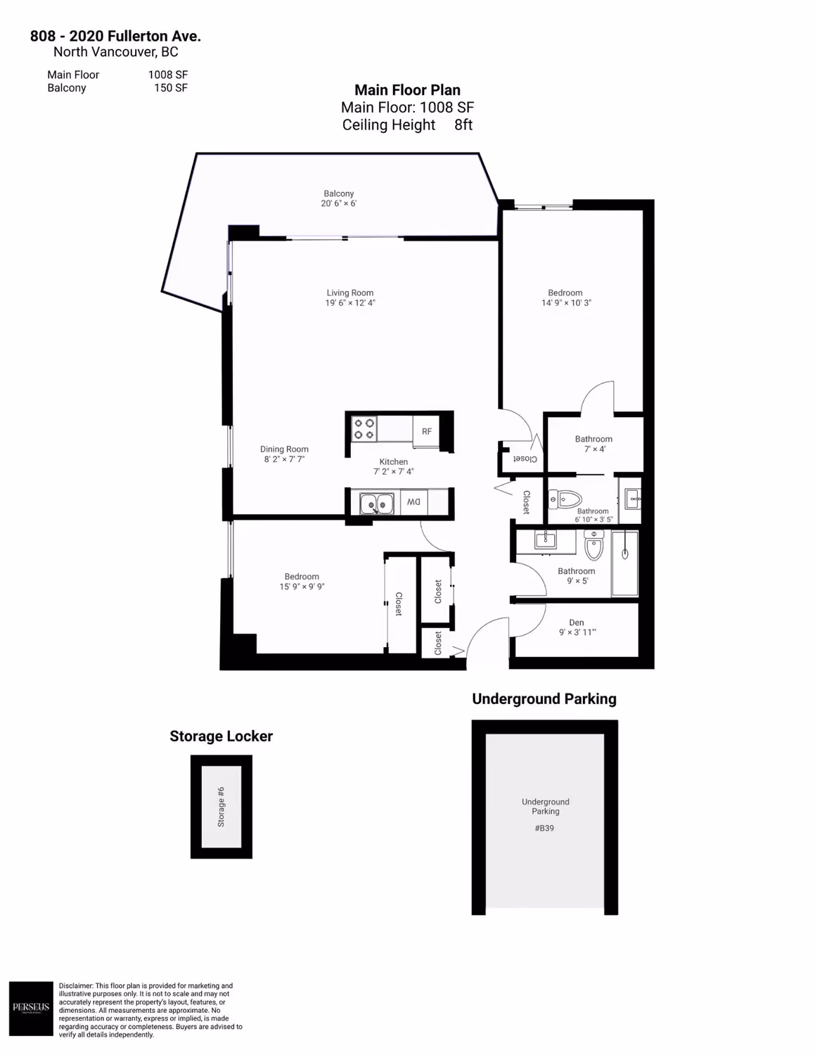 2D floor plan of unit 808-2020 Fullerton Ave in North Vancouver, drafted by Perseus Creative Studio.