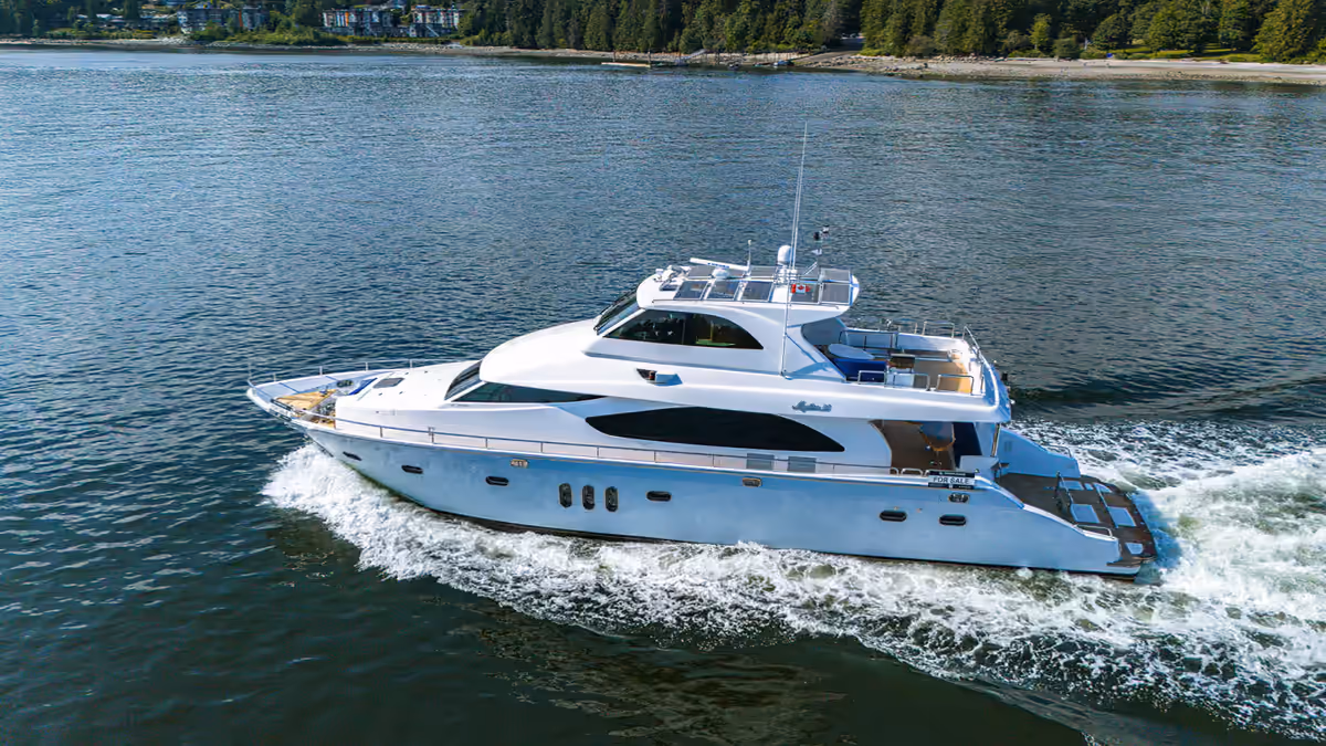 Ignition Marine’s Mystica 80 Skylounge luxury yacht cruising on the water off North Vancouver, filmed by Perseus Creative Studio.