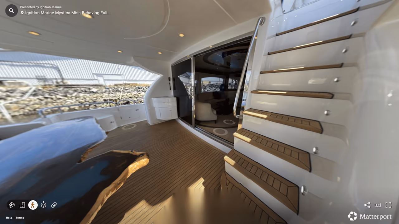 Matterport 3D virtual-tour view of Ignition Marine’s Mystica Miss Behaving yacht interior, produced by Perseus Creative Studio.