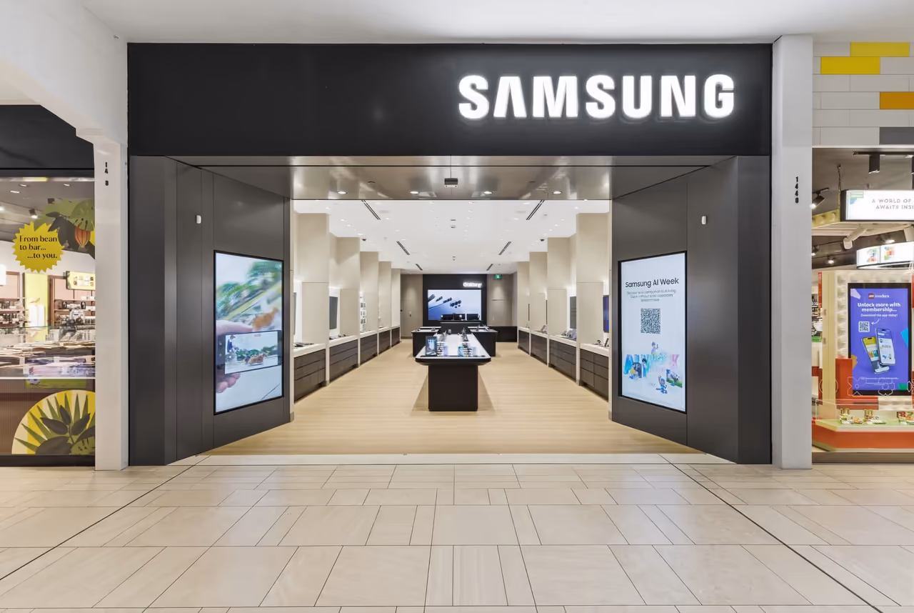 Samsung storefront at a Richmond, BC shopping centre photographed for a completed retail build-out.