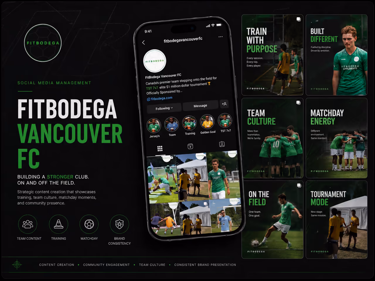 Instagram profile grid for Fitbodega managed by Perseus Creative Studio, featuring football and fitness content.