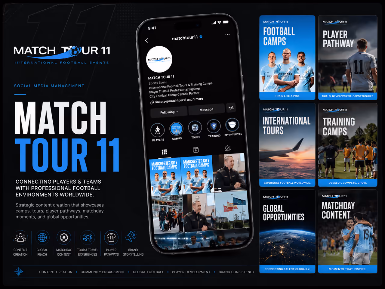 Instagram profile grid for Match Tour 11 managed by Perseus Creative Studio, featuring football tours and camps.