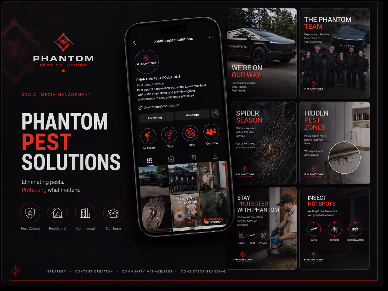 Instagram profile grid for Phantom Pest Control managed by Perseus Creative Studio, showing branded pest-control content.