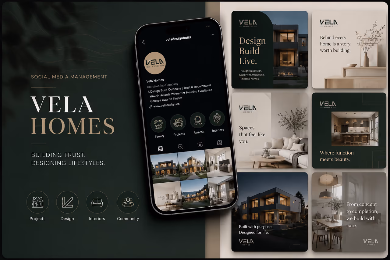 Instagram profile grid for Vela Homes managed by Perseus Creative Studio, showcasing custom home builds.