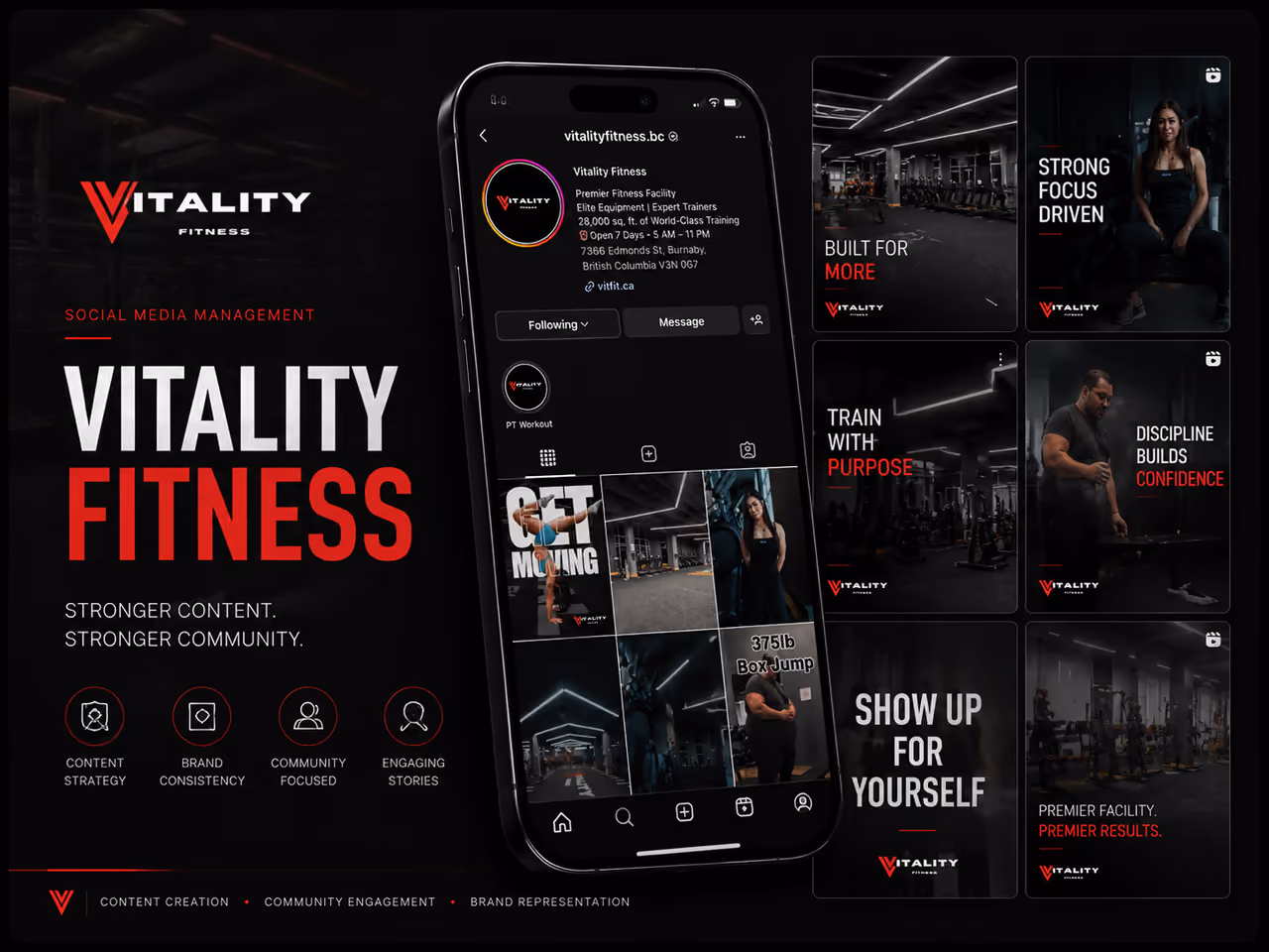 Instagram profile grid for Vitality Fitness managed by Perseus Creative Studio, showing gym reels and member highlights.