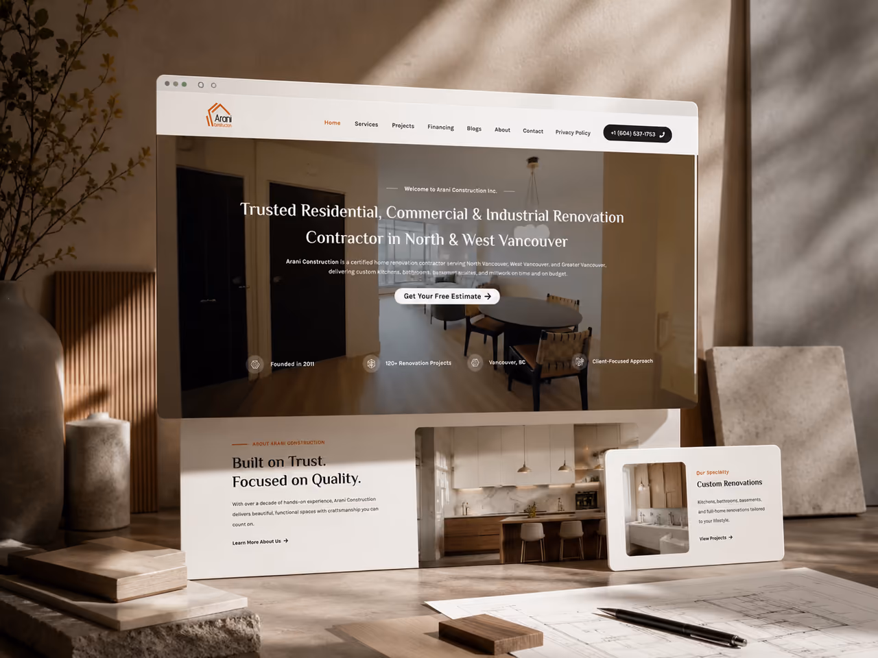 Arani Construction’s project-led website homepage, redesigned and built by Perseus Creative Studio.