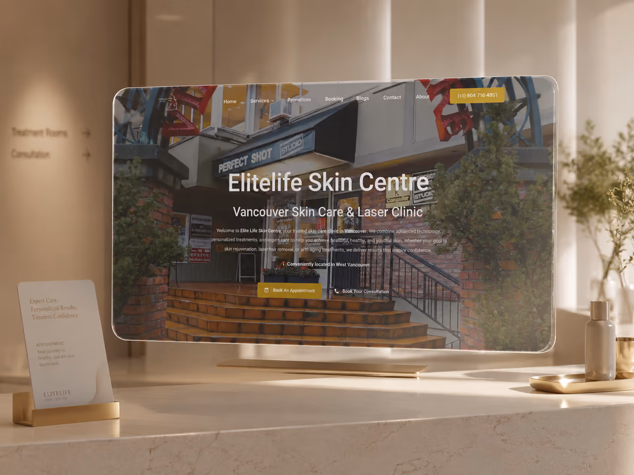 Website for Elite Life Skin Centre, a Vancouver skin care and laser clinic, displayed in a soft spa-styled scene.