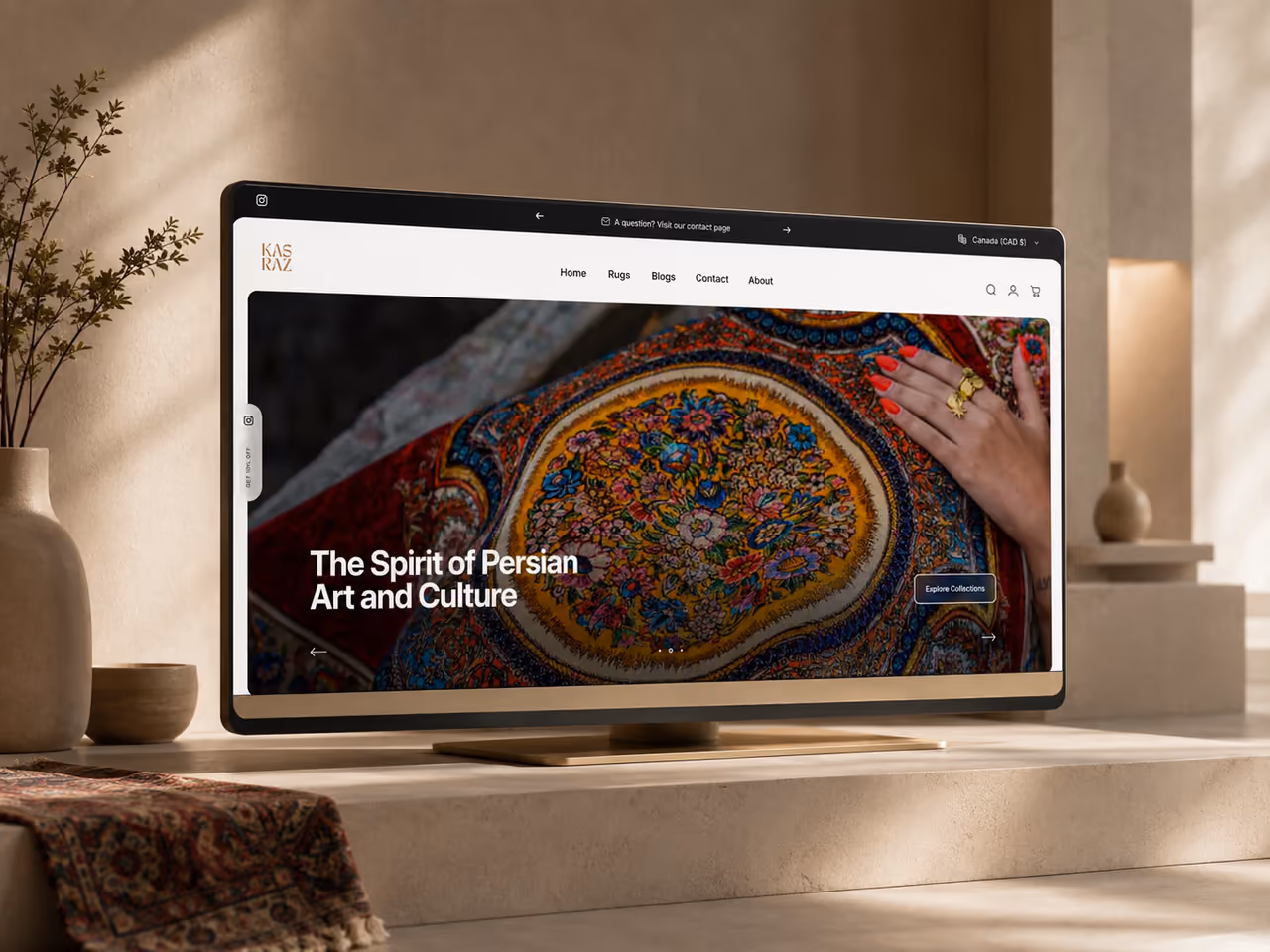 Kasraz Persian silk rug e-commerce storefront homepage, designed and built by Perseus Creative Studio.
