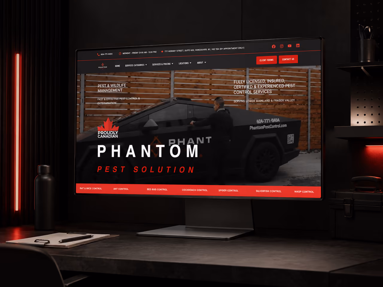Phantom Pest Control’s service website homepage, redesigned and built by Perseus Creative Studio.