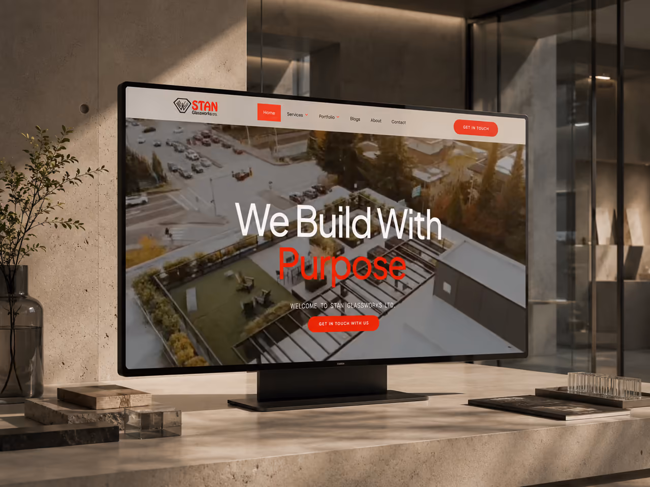 Stan Glassworks’ architectural glass and metalwork website homepage, redesigned and built by Perseus Creative Studio.
