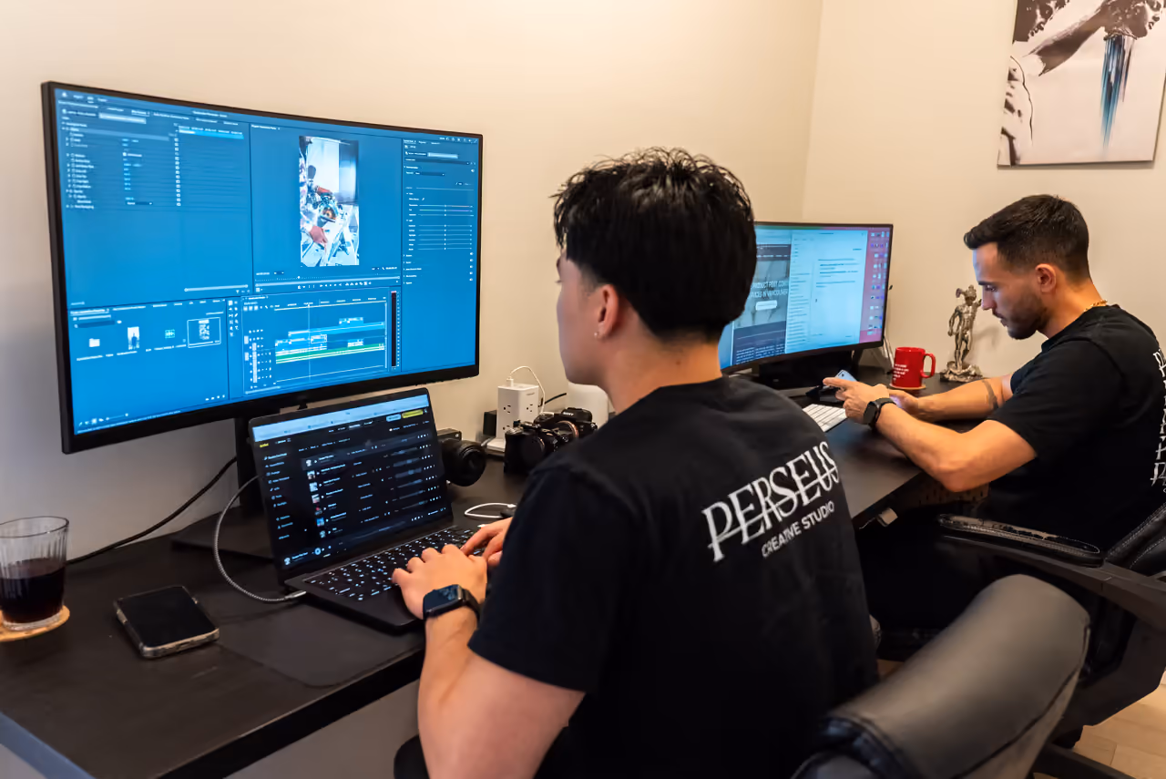 Perseus Creative Studio colorist grading video footage on a calibrated editing workstation in Vancouver.