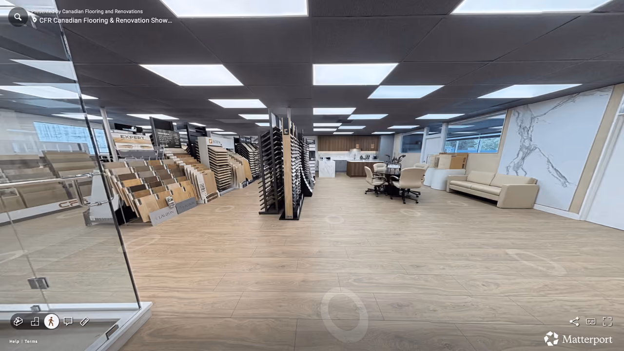 Matterport 3D virtual-tour view of CFR’s flooring and renovation showroom interior, produced by Perseus Creative Studio.