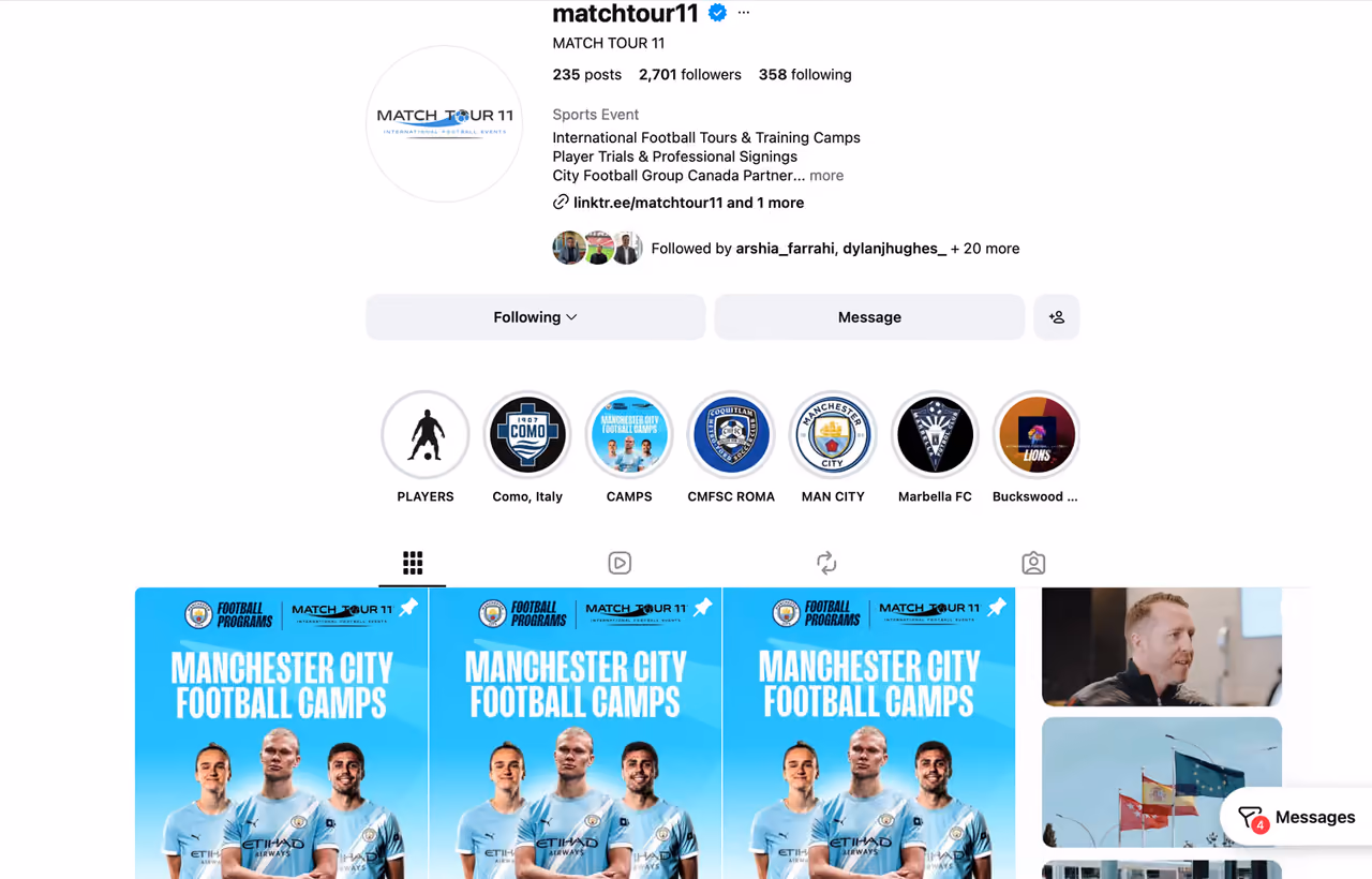 Instagram profile and content grid for Match Tour 11 managed by Perseus Creative Studio, with story highlights and football-camp posts.