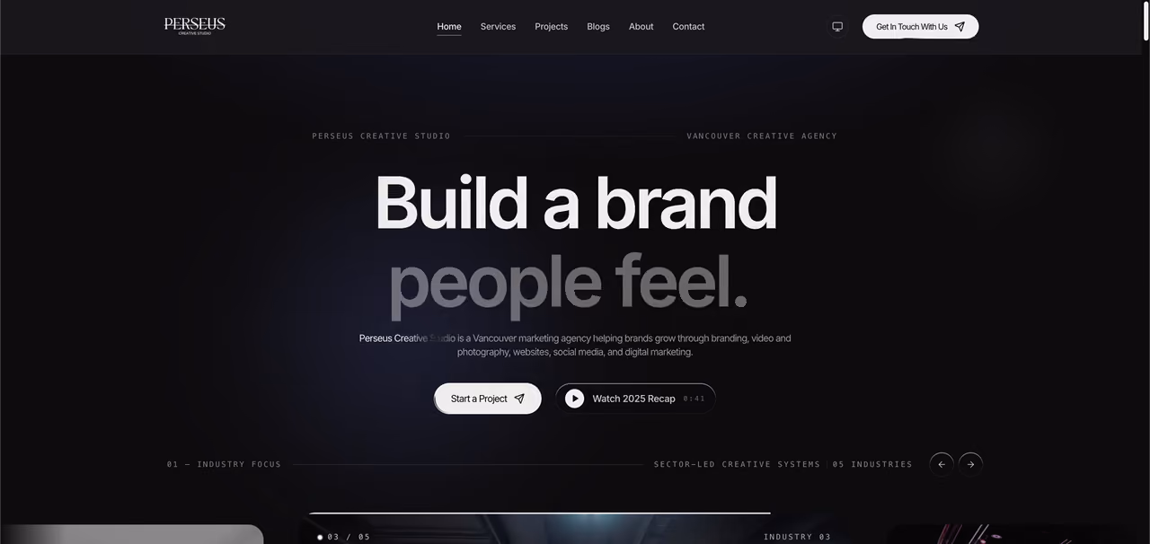 The Perseus Creative Studio homepage — designed and built in-house.